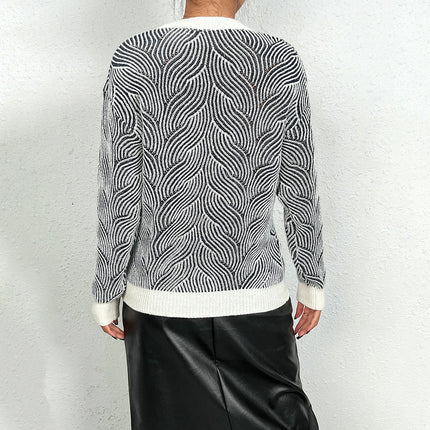 Womens V Neck Long Sleeve Knit Color Block Trendy Pullover Sweater