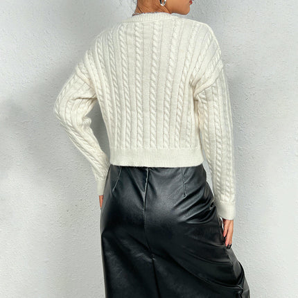 Women's Cable Cropped Sweater Long Sleeve V Neck Pullover Knit Jumper Top