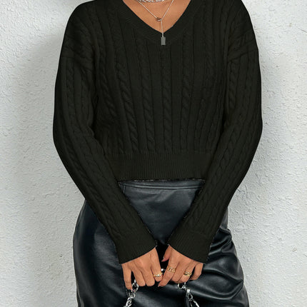 Women's Cable Cropped Sweater Long Sleeve V Neck Pullover Knit Jumper Top