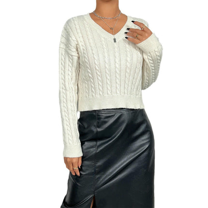 Women's Cable Cropped Sweater Long Sleeve V Neck Pullover Knit Jumper Top