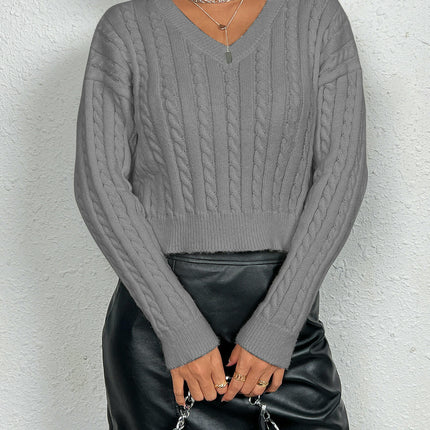 Women's Cable Cropped Sweater Long Sleeve V Neck Pullover Knit Jumper Top