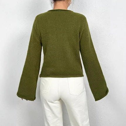 Women Bell Long Sleeve Knit Pullover Crewneck Casual Sweater