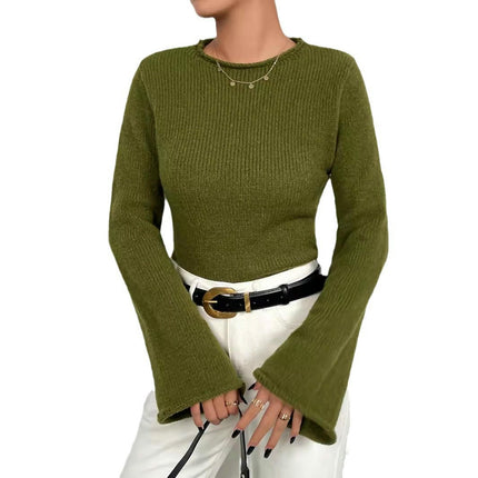 Women Bell Long Sleeve Knit Pullover Crewneck Casual Sweater