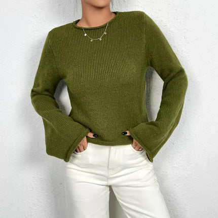 Women Bell Long Sleeve Knit Pullover Crewneck Casual Sweater