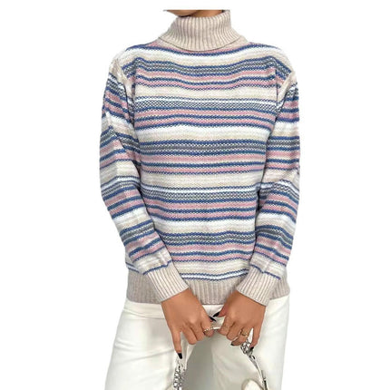 Women's Soft Turtleneck Long Sleeve Striped Knit Pullover Sweater