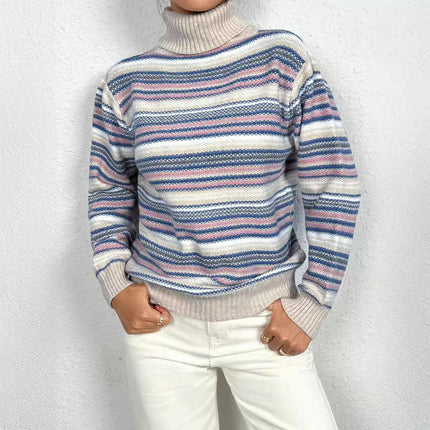 Women's Soft Turtleneck Long Sleeve Striped Knit Pullover Sweater