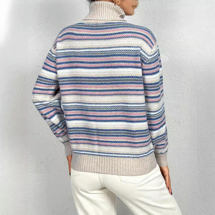 Women's Soft Turtleneck Long Sleeve Striped Knit Pullover Sweater
