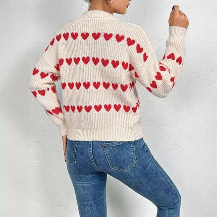 Women's Long Sleeve Heart Print Pullover Sweaters Trendy Crew Neck Knit Tops