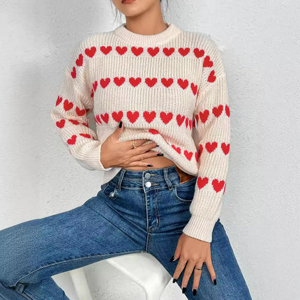 Women's Long Sleeve Heart Print Pullover Sweaters Trendy Crew Neck Knit Tops