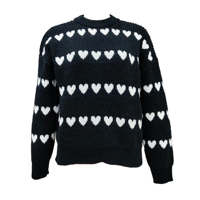 Women's Long Sleeve Heart Print Pullover Sweaters Trendy Crew Neck Knit Tops