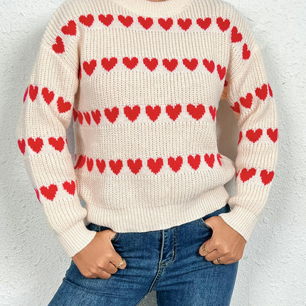 Women's Long Sleeve Heart Print Pullover Sweaters Trendy Crew Neck Knit Tops
