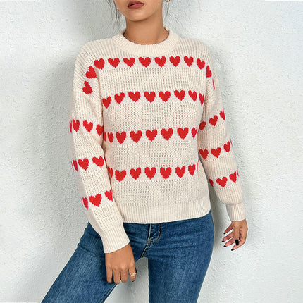 Women's Long Sleeve Heart Print Pullover Sweaters Trendy Crew Neck Knit Tops