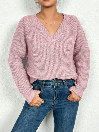 Womens Cable Knit V-Neck Long Sleeve Casual Soft Pullover Sweater