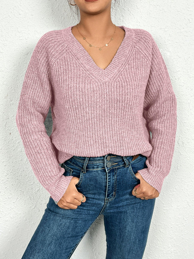 Womens Cable Knit V-Neck Long Sleeve Casual Soft Pullover Sweater