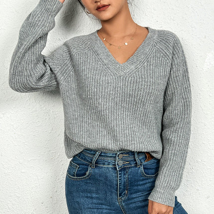 Womens Cable Knit V-Neck Long Sleeve Casual Soft Pullover Sweater