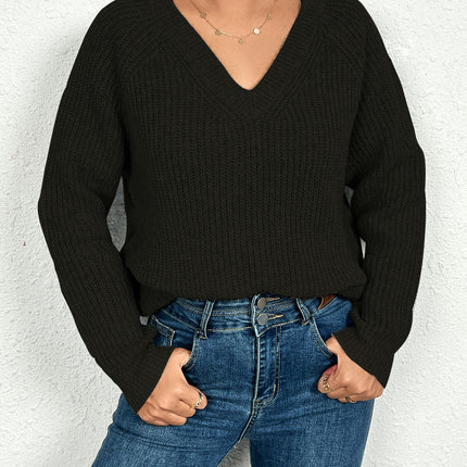 Womens Cable Knit V-Neck Long Sleeve Casual Soft Pullover Sweater