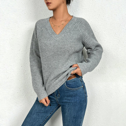 Womens Cable Knit V-Neck Long Sleeve Casual Soft Pullover Sweater