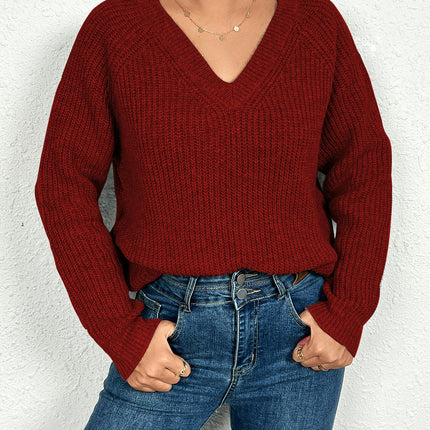 Womens Cable Knit V-Neck Long Sleeve Casual Soft Pullover Sweater