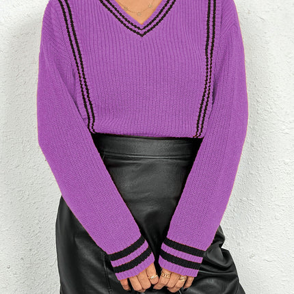 Womens Contrast Color Knit V-Neck Long Sleeve Casual Soft Pullover Sweater
