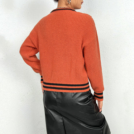 Womens Contrast Color Knit V-Neck Long Sleeve Casual Soft Pullover Sweater