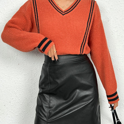 Womens Contrast Color Knit V-Neck Long Sleeve Casual Soft Pullover Sweater