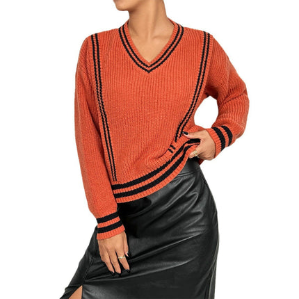 Womens Contrast Color Knit V-Neck Long Sleeve Casual Soft Pullover Sweater