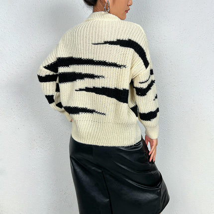 Women Casual Crewneck Long Sleeve Color Block Knitted Sweater