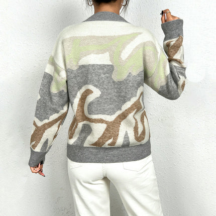 Women's Color Block Printed Crewneck Long Sleeve Knit Pullover Sweater