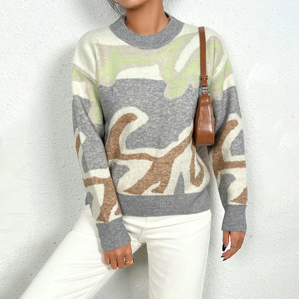 Women's Color Block Printed Crewneck Long Sleeve Knit Pullover Sweater