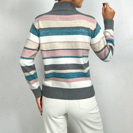 Women's Casual Long Sleeve Turtleneck Sweaters Knit Striped Pullover Jumpers Tops