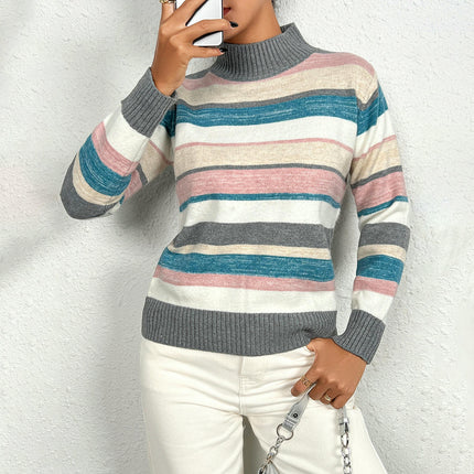 Women's Casual Long Sleeve Turtleneck Sweaters Knit Striped Pullover Jumpers Tops