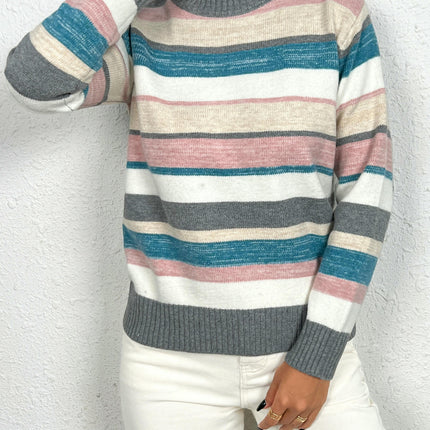 Women's Casual Long Sleeve Turtleneck Sweaters Knit Striped Pullover Jumpers Tops