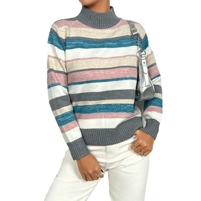 Women's Casual Long Sleeve Turtleneck Sweaters Knit Striped Pullover Jumpers Tops