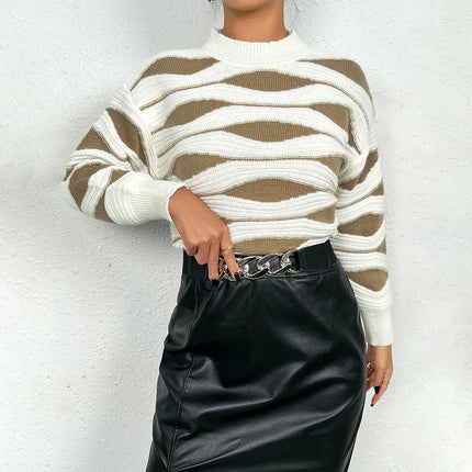 Women's Color Block Striped Sweater Long Sleeve Mock Neck Trendy Pullover Tops
