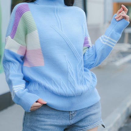 Womens Turtleneck Long Sleeve Color Block Knit Sweater Casual Jumper Tops