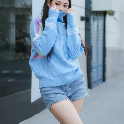 Womens Turtleneck Long Sleeve Color Block Knit Sweater Casual Jumper Tops