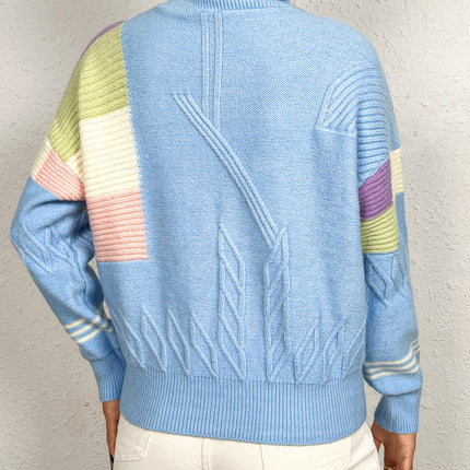 Womens Turtleneck Long Sleeve Color Block Knit Sweater Casual Jumper Tops