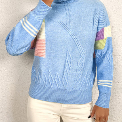 Womens Turtleneck Long Sleeve Color Block Knit Sweater Casual Jumper Tops