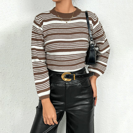 Women's Color Block Striped Sweater Crew Neck Long Sleeve Knitted Tops