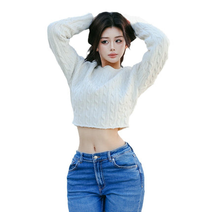 Women's Knit Cable Cropped Sweater Casual Long Sleeve Crew Neck Pullover Tops