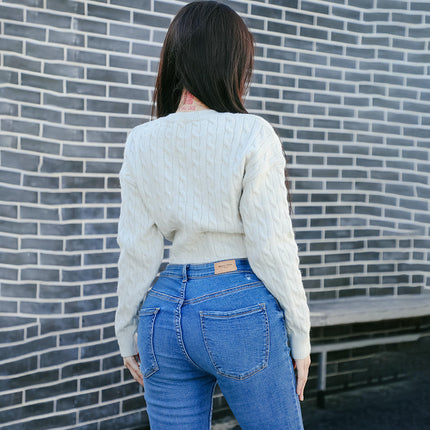 Women's Knit Cable Cropped Sweater Casual Long Sleeve Crew Neck Pullover Tops