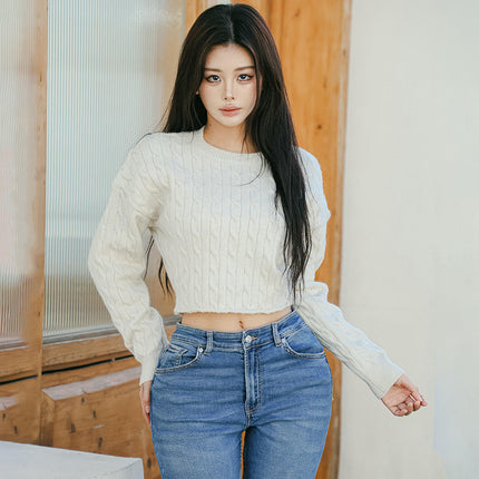 Women's Knit Cable Cropped Sweater Casual Long Sleeve Crew Neck Pullover Tops