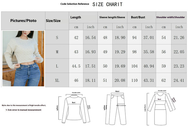 Women's Knit Cable Cropped Sweater Casual Long Sleeve Crew Neck Pullover Tops