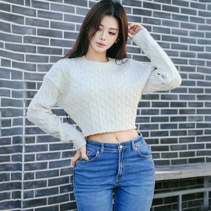 Women's Knit Cable Cropped Sweater Casual Long Sleeve Crew Neck Pullover Tops