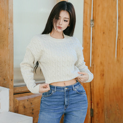 Women's Knit Cable Cropped Sweater Casual Long Sleeve Crew Neck Pullover Tops