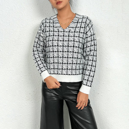 Womens Long Sleeve V Neck Sweater Plaid Knit Pullover Tops