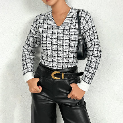 Womens Long Sleeve V Neck Sweater Plaid Knit Pullover Tops
