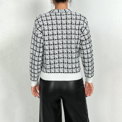 Womens Long Sleeve V Neck Sweater Plaid Knit Pullover Tops