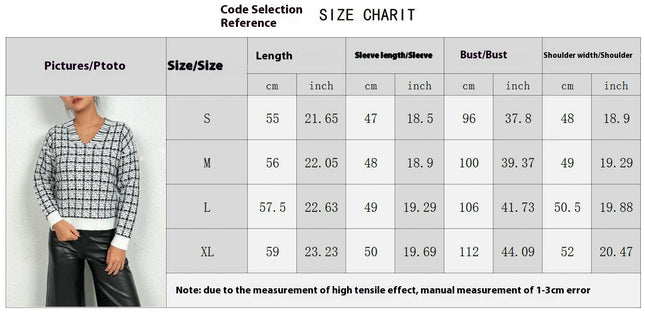 Womens Long Sleeve V Neck Sweater Plaid Knit Pullover Tops