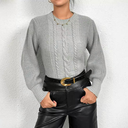 Women's Knit Cable Sweater Casual Long Lantern Sleeve Pullover Crew Neck Tops